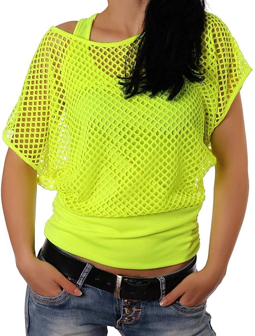6005 Casual Sexy 80s Costumes Fishnet Neon Off Shoulder T-Shirt Green L